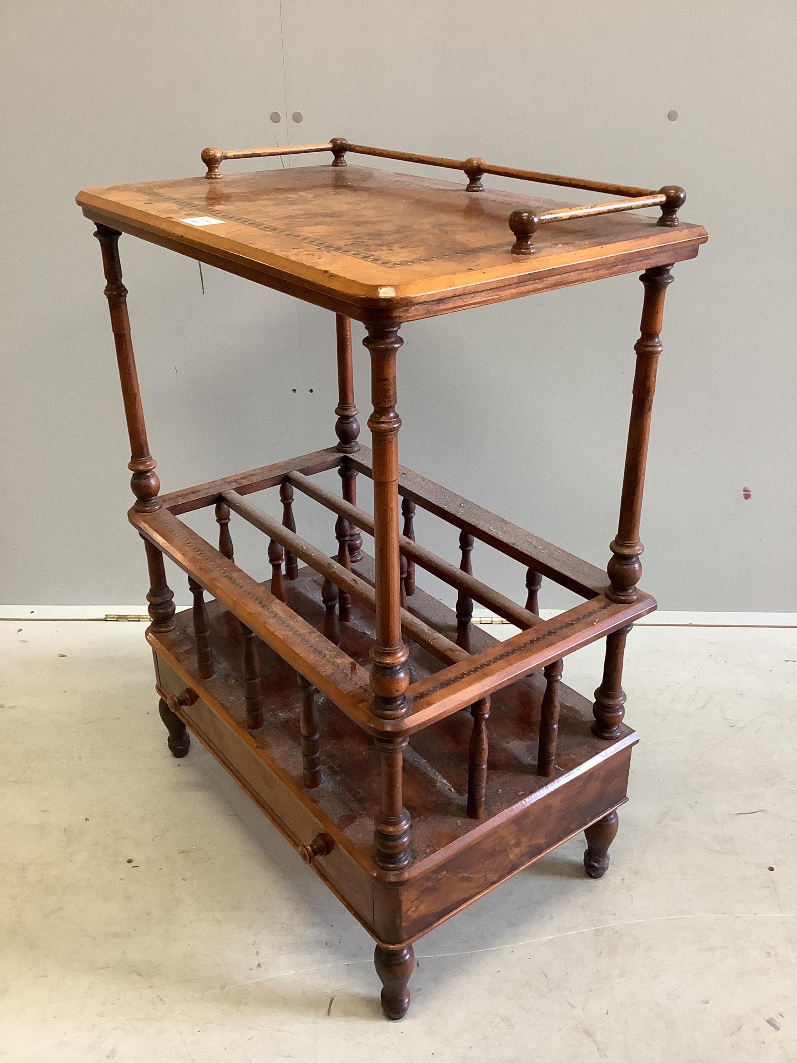 A Victorian parquetry inlaid burr walnut Canterbury / whatnot, width 62cm, depth 39cm, height 86cm. Condition - fair to good